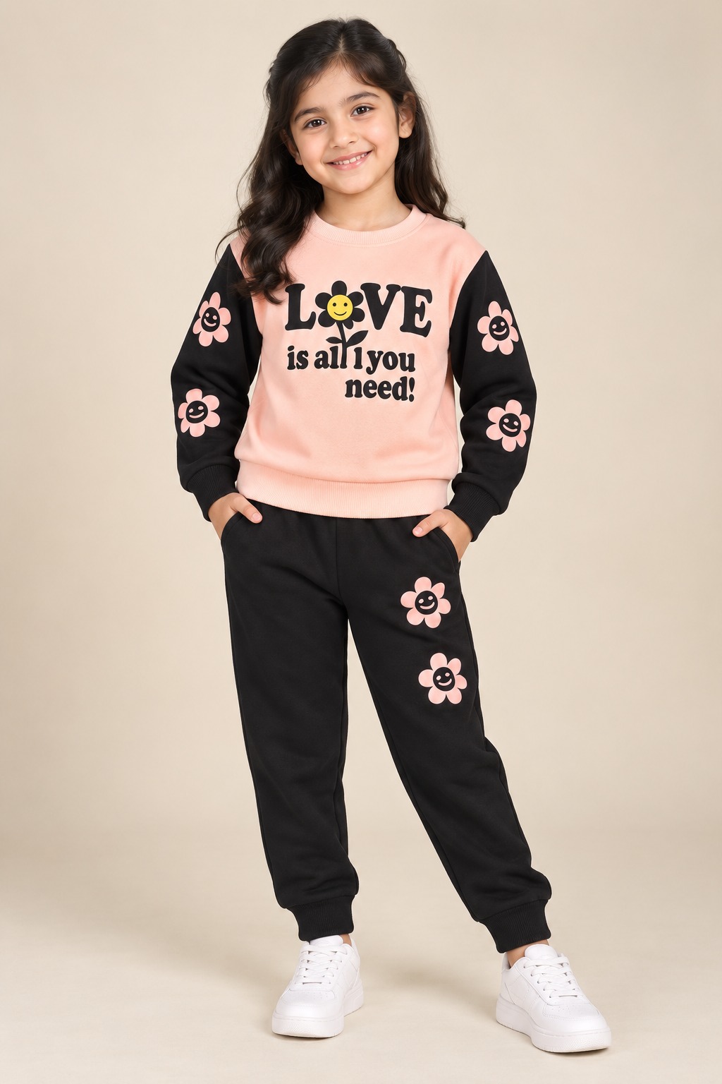 Girls Peach & Black Floral Love Tracksuit Set