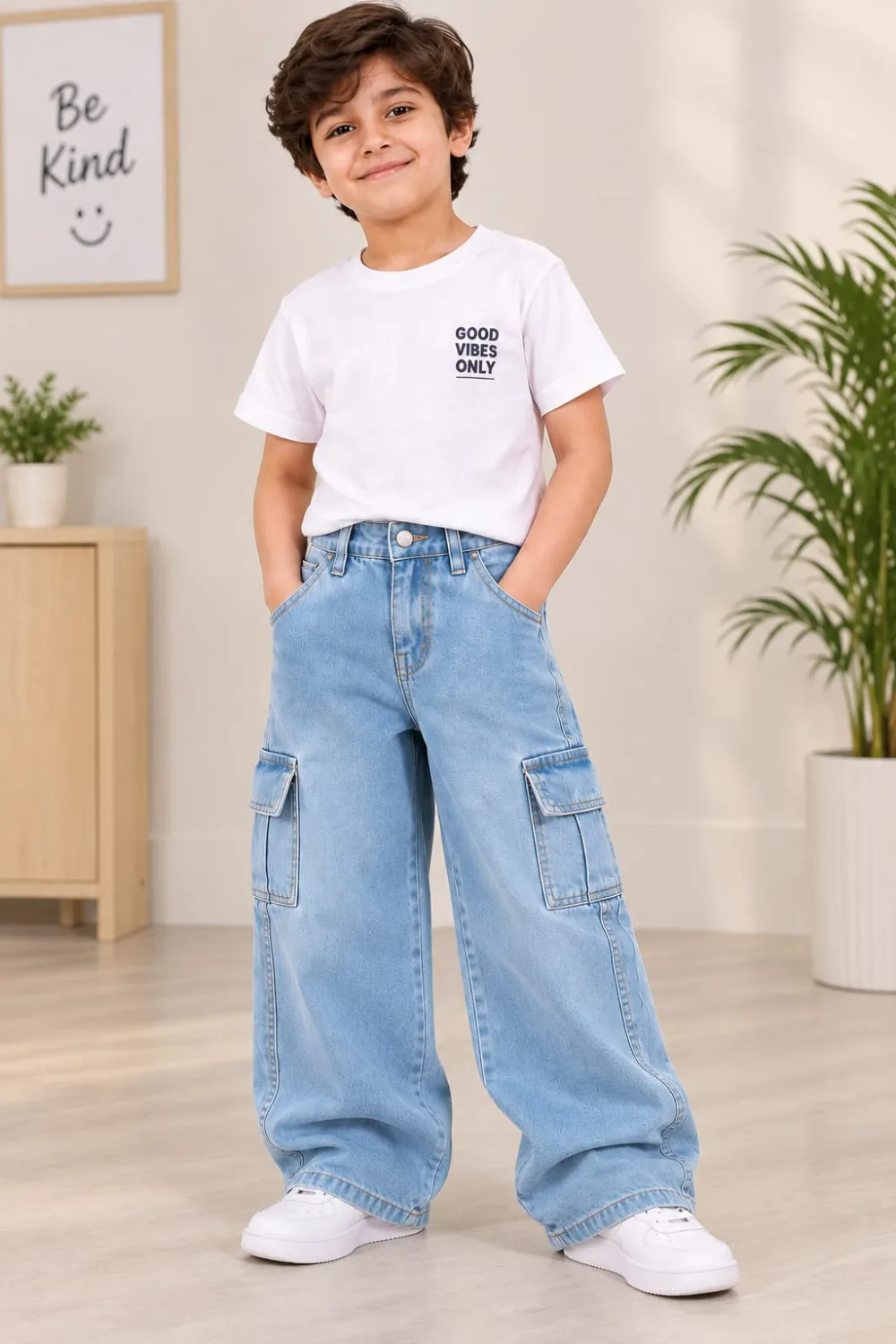 Boys’ Light Blue Wide-Leg Cargo Jeans