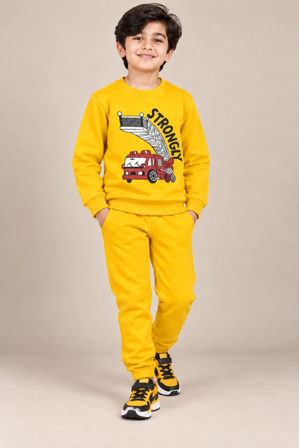 Boys Yellow Strong Fire Truck Graphic Tracksuit
