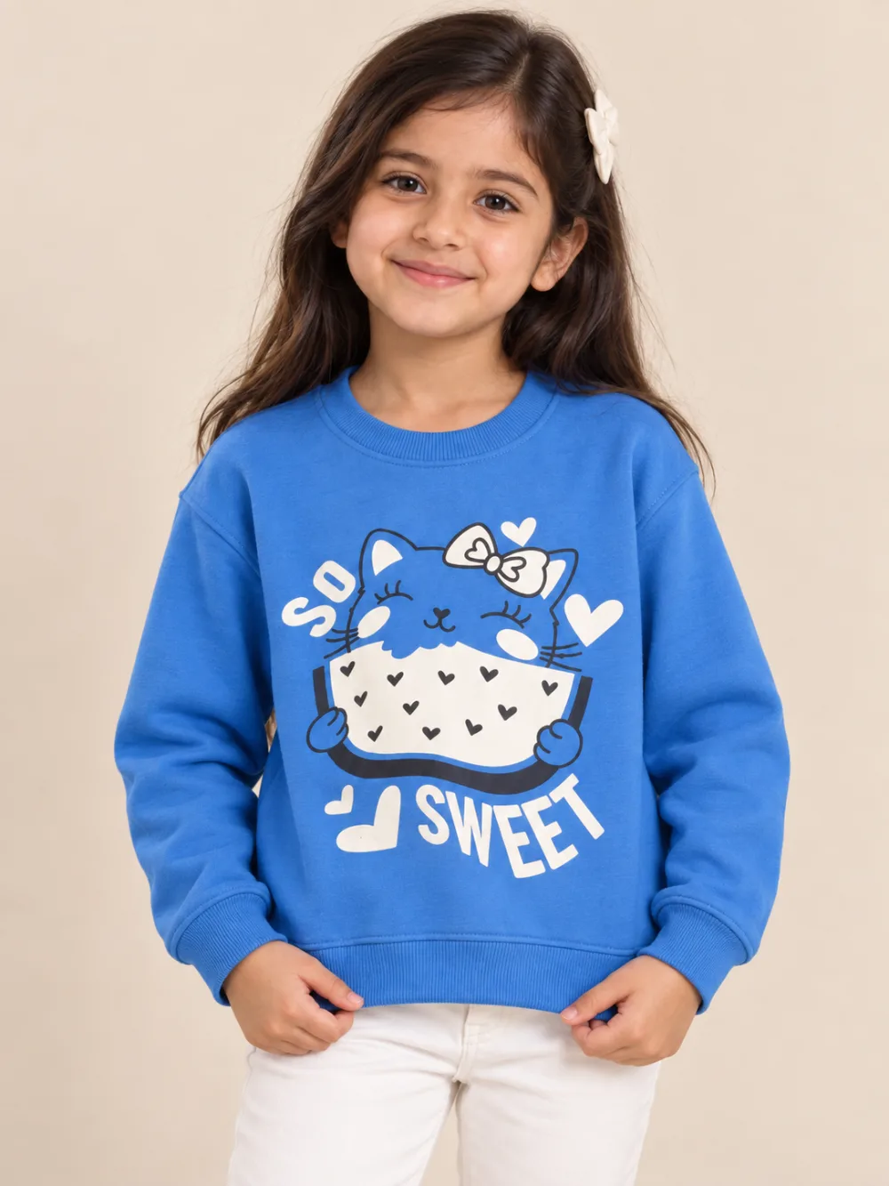 Girls Blue "So Sweet" Cat Graphic Sweatshirt