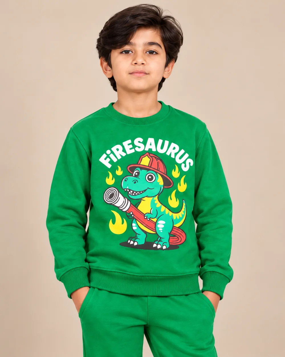 Boys Green Fire Dinosaur Graphic Tracksuit