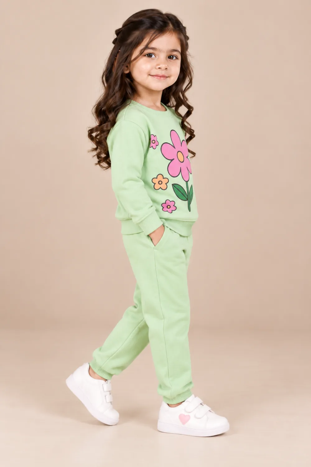 Kids Floral Graphic Fleece Tracksuit – Light Green