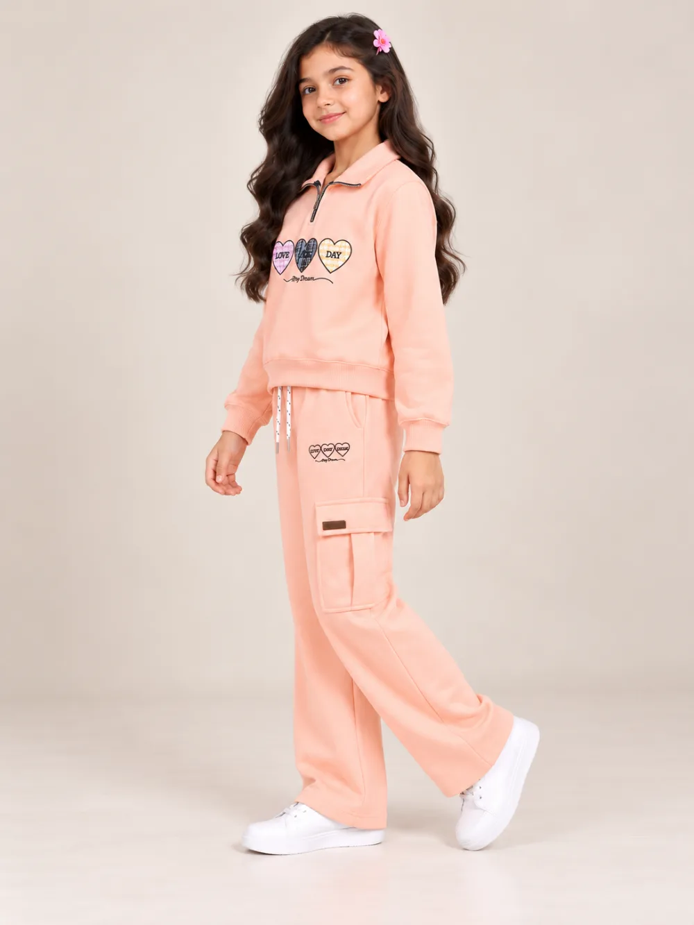Girls Heart Graphic Half-Zip Cargo Tracksuit Set