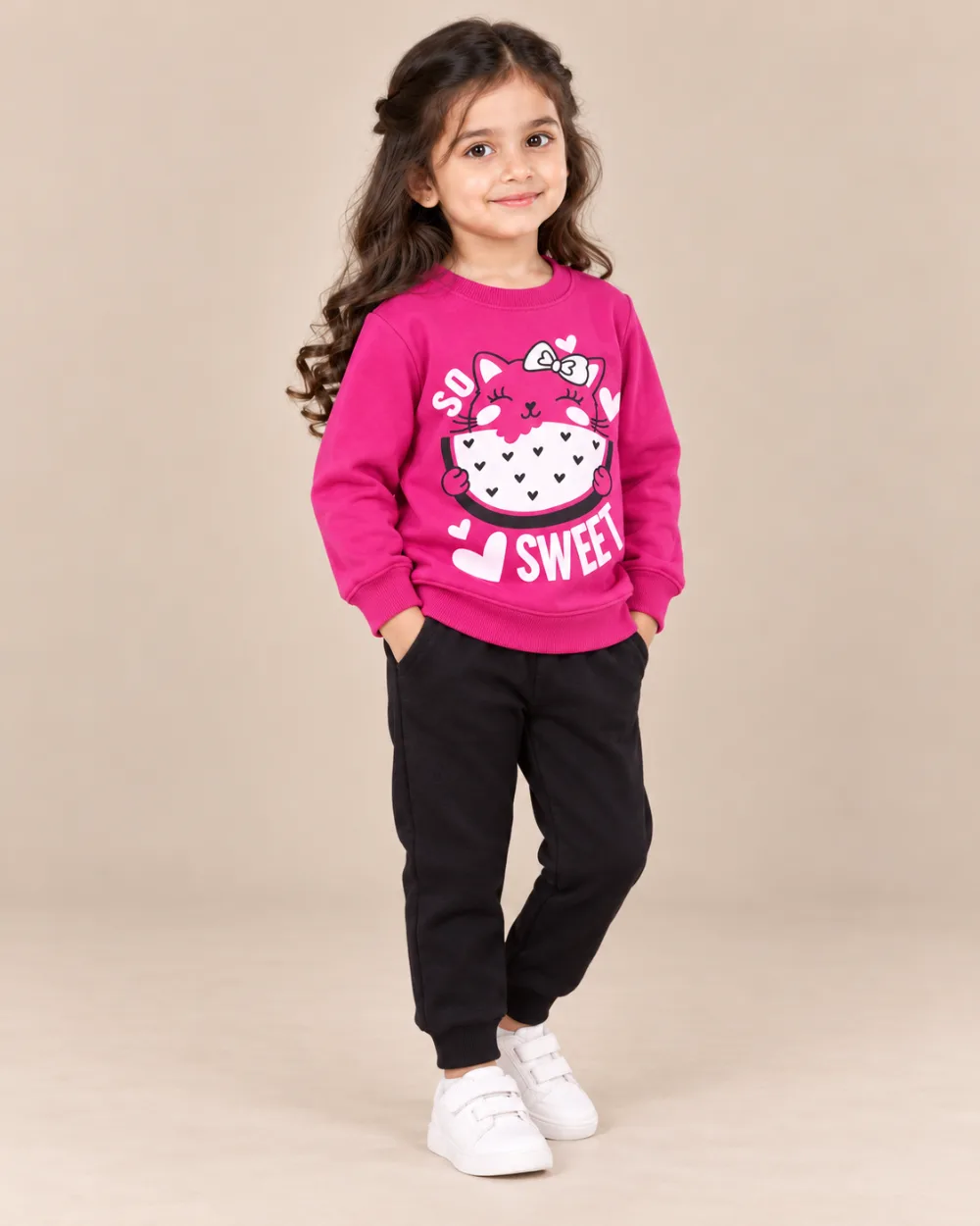 Girls "So Sweet" Cat Graphic Fleece Sweatshirt & Joggers Set