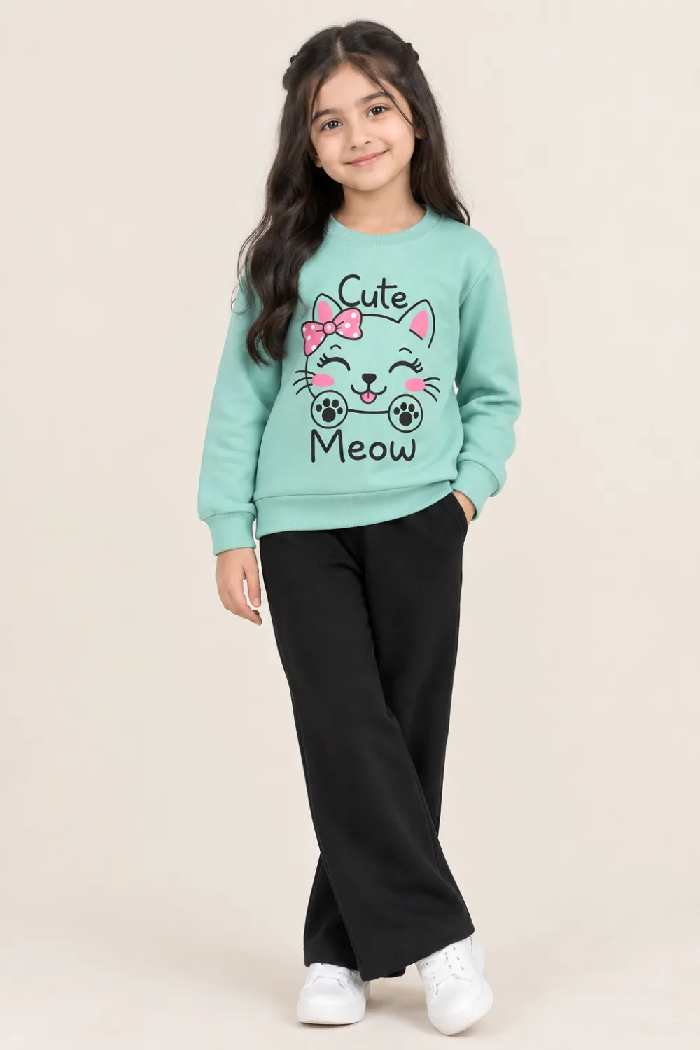 Girls "Cute Meow" Cat Graphic Fleece Sweatshirt & Wide-Leg Pants